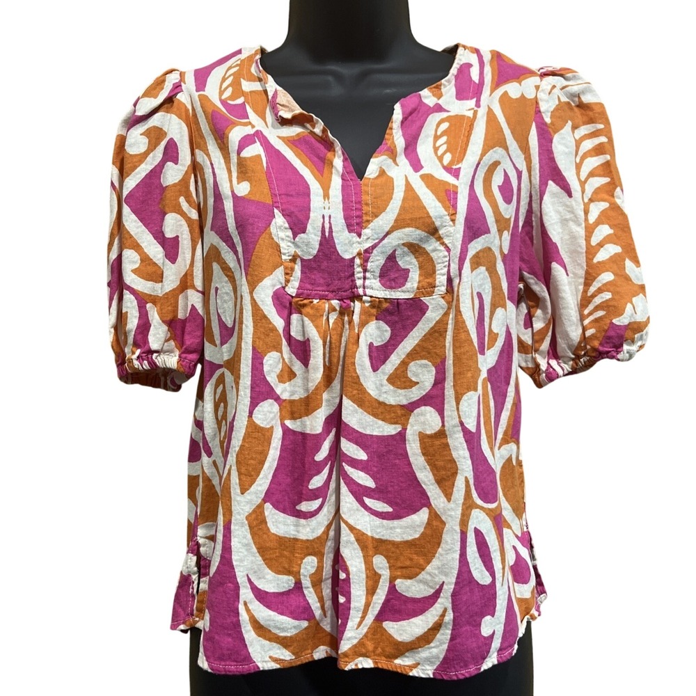 Christian Siriano Tunic Women Pink Orange Abstract Linen Blend Puff Sleeve Sz S‎
